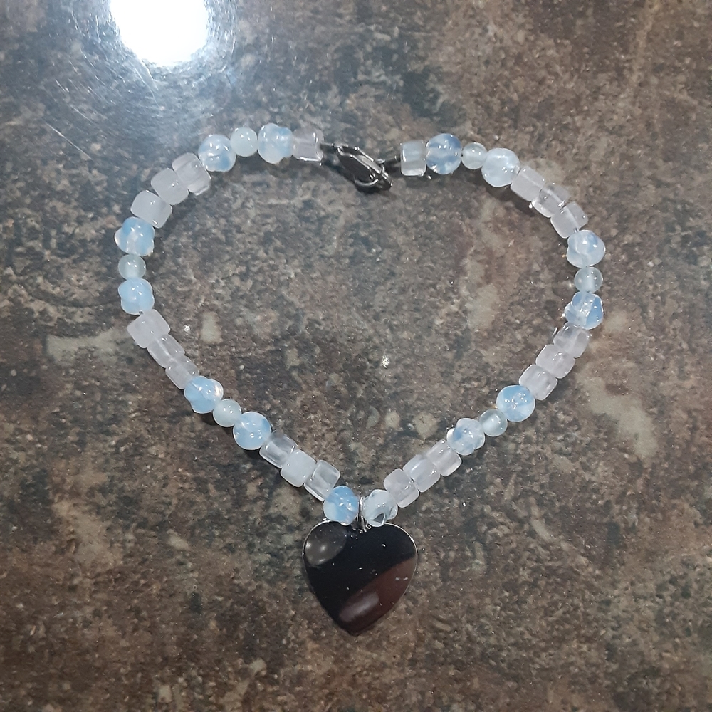 Opalite and sterling silver heart charm bracelet